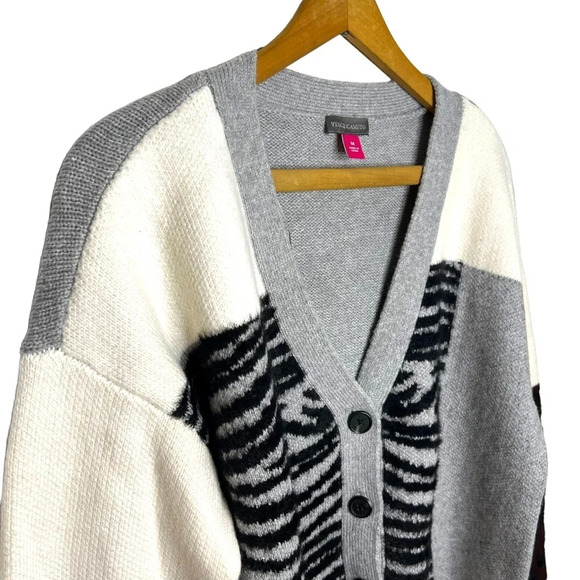 VINCE CAMUTO Color Block Animal Print Cozy V Neck Button Down Cardigan Sweater - Picture 4 of 13
